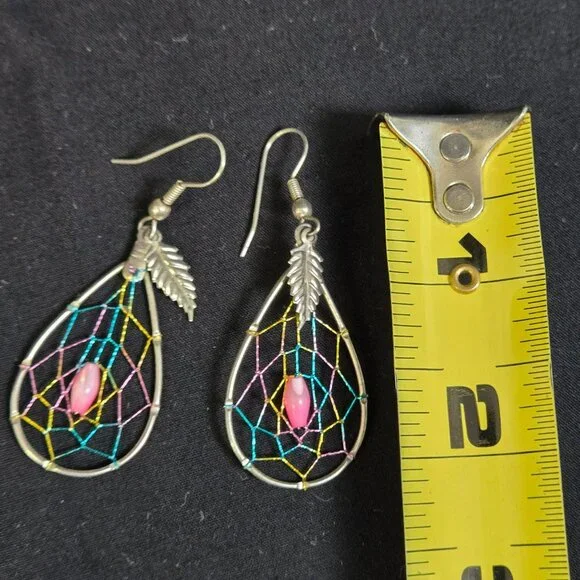 Dreamcatcher Dangle Earrings Multicolor Web Pink Bead Silver Tone Teardrop Boho - Picture 4 of 6